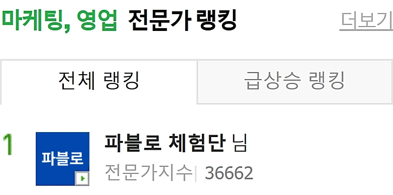 네이버 지식iN 마케팅, 영업 전문가 전체랭킹 1위, 전문가지수 36662