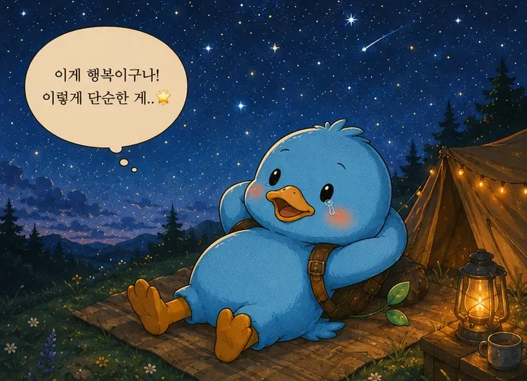 별이 쏟아지는 밤, 텐트 앞에 누워 '이게 행복이구나! 이렇게 단순한 게…' 하고 말하는 파블로