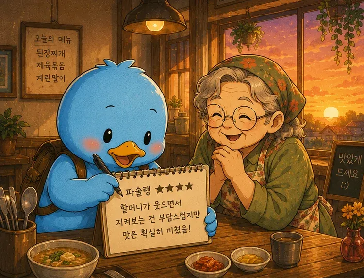 식당에서 '파슐랭 별 넷, 할머니가 웃으면서 지켜보는 건 부담스럽지만 맛은 확실히 미쳤음!'이라고 쓴 리뷰를 들어 보이는 파블로와 웃고 있는 식당 할머니