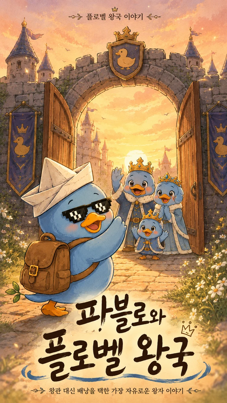 파블로와 플로벨 왕국 1화 — 표지. 파블로가 배낭을 메고 성문을 나서며 왕과 왕비, 동생 로카가 배웅하는 장면