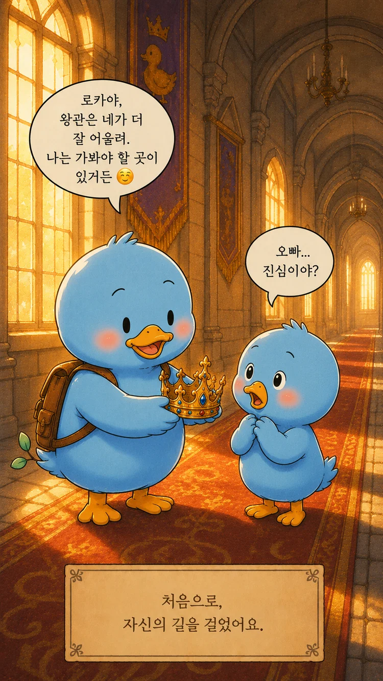 파블로와 플로벨 왕국 3화 — 동생 로카에게 왕관을 건네는 파블로. 처음으로 자신의 길을 걸었어요.
