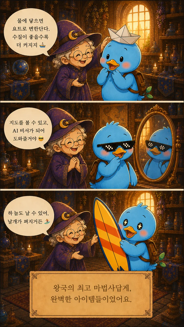 파블로와 플로벨 왕국 4화 — 마법사 할머니에게 종이배 모자, 픽셀 선글라스, 서핑보드를 받는 파블로