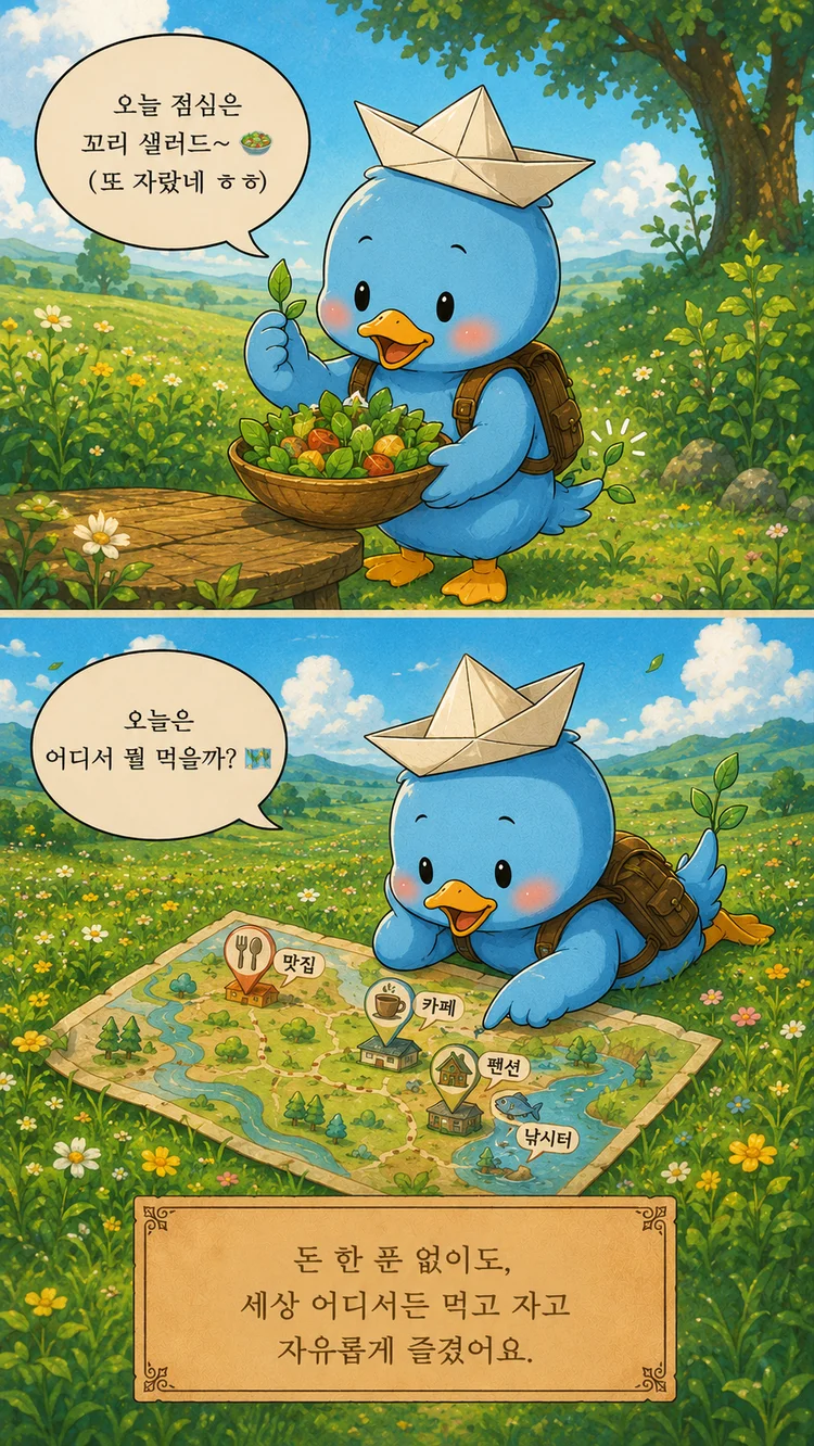 파블로와 플로벨 왕국 5화 — 꼬리 샐러드를 만들고 지도를 펼쳐보는 자유로운 파블로. 돈 한 푼 없이도 세상 어디서든 자유롭게 즐겼어요.